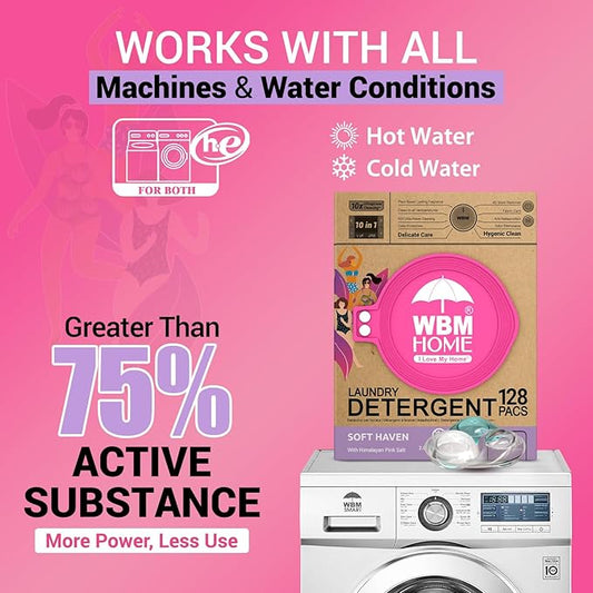 WBM Home Laundry Pods, Total 128 Count | Specially Designed for Undergarments With Soft Heaven Fragrance | Laundry Detergent Pods Formulated With Plant-Based Formula and Gentle Stain Remover