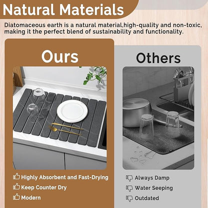 Large Stone Dish Drying Mat for Kitchen Counter,2 PCS Quick Dry Stone Mats,Foldable Water Absorbing Diatomaceous Drying Pad for Countertop Bottles Utensils Cups (Flow Line Dark Gray 24"x16" & 8"x4")