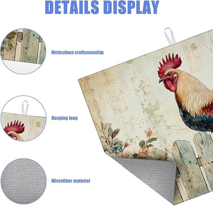 Vintage Rooster Dish Drying Mat for Kitchen Counter Farmhouse Drying Pad Absorbent Reversible Dish Drainer Rack Mats Draining Pad 18"x24"Inch