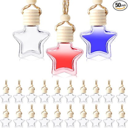 BBTO 50 Pcs Hanging Car Air Freshener Car Diffuser Bottles Empty Glass Perfume Bottle Freshener Diffuser Bottle Pendant for Essential Oil Fragrance Aromatherapy Ornament(Star)