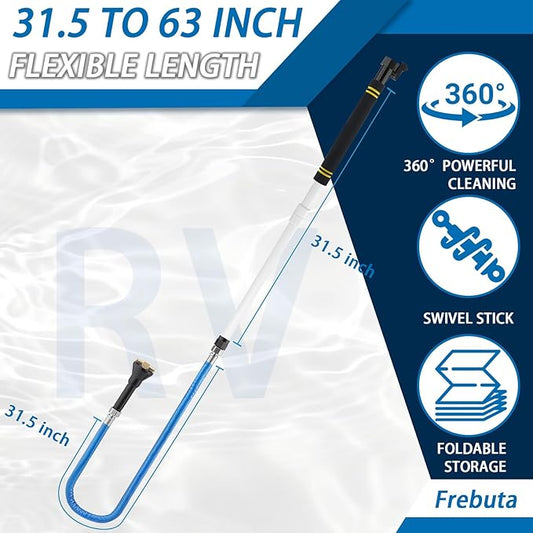 Rv Tank Rinser,61.5" RV Holding Tank Swivel Stik Rinser 304 Stainless Steel Hose with Flexible Rotary Cleaning Sprayer For Camper Toilet RV Black Water Tank Cleaner Wand and Garden (61.5in)
