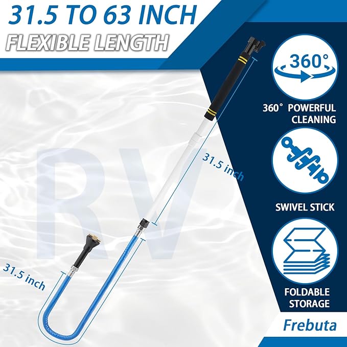 Rv Tank Rinser,62.5" RV Holding Tank Swivel Stik Rinser 304 Stainless Steel Hose with Flexible Rotary Cleaning Sprayer For Camper Toilet RV Black Water Tank Cleaner Wand and Garden (62.5in)
