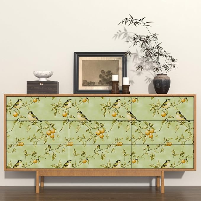 Green Bird Wallpaper Peel and Stick, Vintage Botanical Fruits Contact Paper, Retro Floral Boho Wall Paper Self Adhesive Removable Waterproof for Bedroom Walls Shelf Cabinet Drawer Table 17.5" x 118"