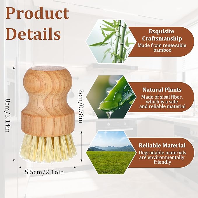 12 Pack Bamboo Scrub Brush for Dishes, Wooden Dish Scrubber Brushes with Natural Sisal Bristle Full Circle Scrub Brush for Kitchen Cleaning Dishes Iron Pot Pan Sink