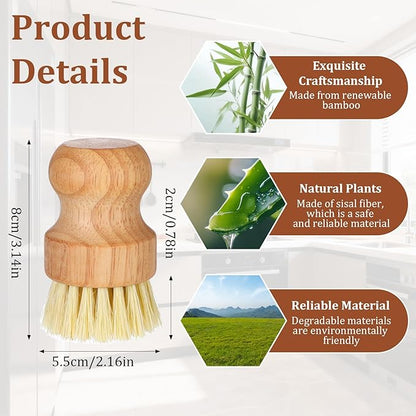 12 Pack Bamboo Scrub Brush for Dishes, Wooden Dish Scrubber Brushes with Natural Sisal Bristle Full Circle Scrub Brush for Kitchen Cleaning Dishes Iron Pot Pan Sink