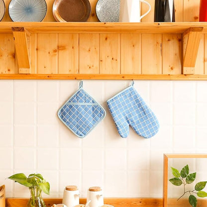 Oven Mitts and Potholders BBQ Gloves-Oven Mitts and Pot Holders with Recycled Infill Silicone Non-Slip Cooking Gloves for Cooking Baking Grilling (4-Piece Set,Blue)