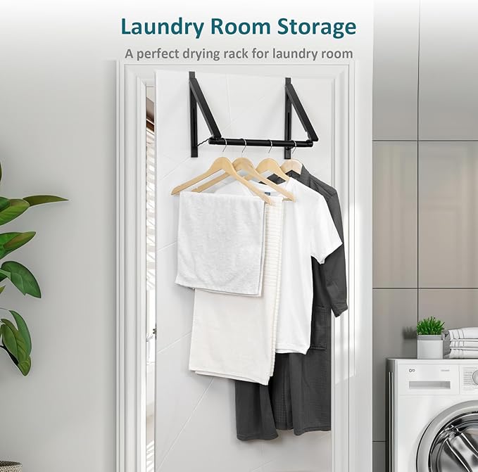 Foldable Over The Door Clothes Hanger, Drying Rack for Coat, Space Saving Small Clothes Rack Door Hangers for Clothing, Black