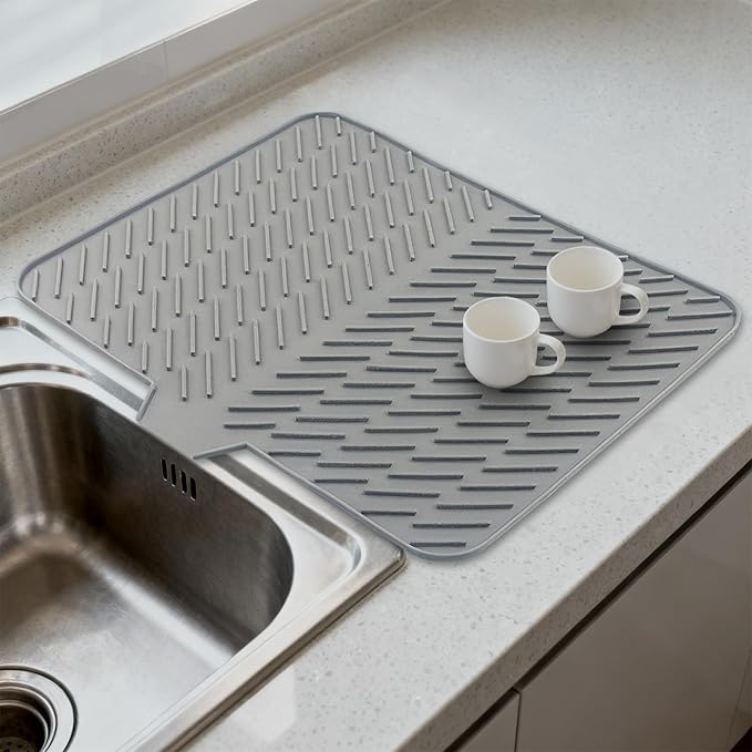 Silicone Drying Mat, 23"X17" With Built-in Drain Lip,Heat-Resistant,Eco-friendly,Hygienic Drying Pad,Leak-Proof and Non-Slip,Silicone Dish Drying Mat for Kitchen Counter or Sink（Gray 23X17）