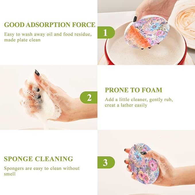 Watercolor Floral Kitchen Scrub Sponges, Pop-up Kitchen Cleaning Sponges Reusable Dish Washing Sponges for Bathroom Household Cleaning 3 Pack - Non Scratch Scrubber
