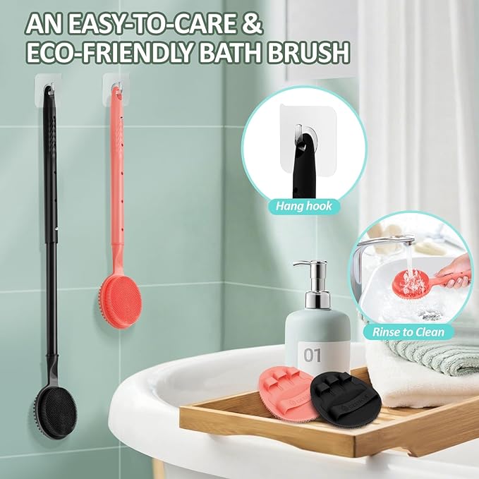 Silicone Back Scrubber & Soft Bath Glove 2PCS, 16''- 24'' Extendable Shower Scrubber with Dual-Side Head, 360° Anti-Slip & Hand-fit Silicone Body Scrubber for Rich Foaming Deep Cleaning(Black)