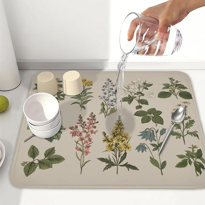 Vintage Plants Herbs Floral Dish Drying Mat for Kitchen Counter Retro Leaf Drying Mat 16x18 Inch Rustic Farmhouse Absorbent Dish Drainer Mat Kitchen Accessories
