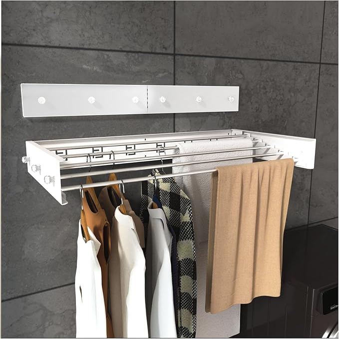 YLGJ&TIDY Wall Mounted Clothes Drying Rack, 31.5" Laundry Drying Rack, Clothes Drying Rack Foldable with 5 Rods 6 Hooks,Floor Space Saving Dry Rack for Clothes