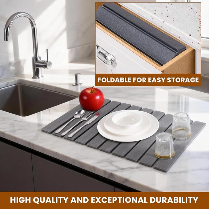 2 Pack Stone Drying Mat for Kitchen Counter, Large Diatomaceous Earth Dish Drying Pads 24"x16", Ultra Absorbent Quick Dry Foldable Mats for Dishes Cups, Matches Any Countertop