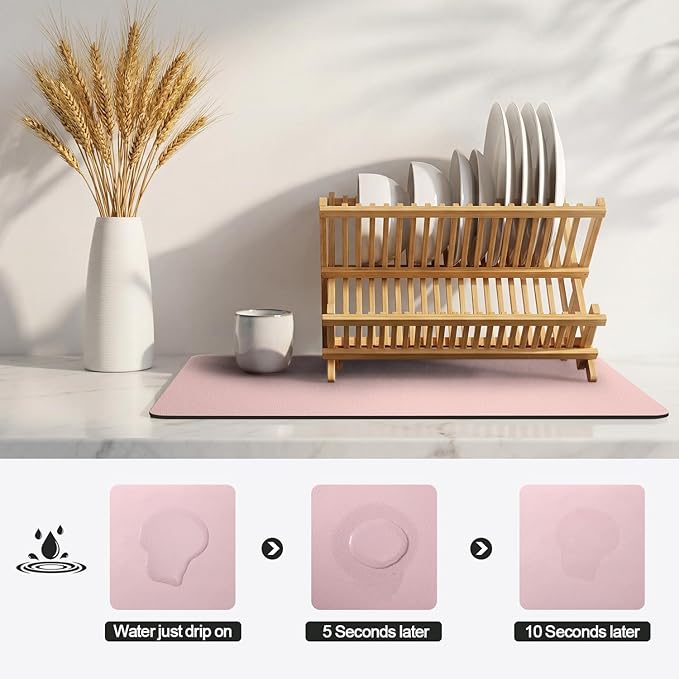 Ecotrim - Dish Drying Mat for Kitchen Counter | Coffee Bar Mat for Countertops | Heat Resistant Drainer Mat with Non-slip Rubber Backed | Hide Stain Kitchen Absorbent Draining Mat | Pink 18"x24"
