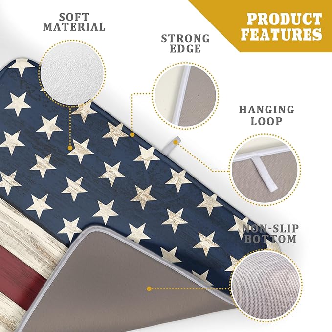 4th of July Patriotic Independence Dish Drying Mat For Kitchen CounterRustic Stripes America Flag Stars Microfiber Absorbent Drying Mats Reversible Kitchen Countertop Drainer Pad 18x24 Inch
