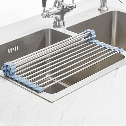 MECHEER Over The Sink Dish Drying Rack, Roll Up Dish Drying Rack Kitchen Dish Rack Stainless Steel Sink Drying Rack, Foldable Dish Drainer, Gray (20.4''x13.7'')