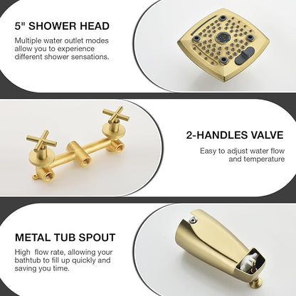 2 Handle Shower Faucet Set with Tub Spout 6-Spray Shower Head and Handle Set Shower Trim Kit with Rough-in Valve Bathroom Shower Faucet Valve Trim Kit Brushed Gold