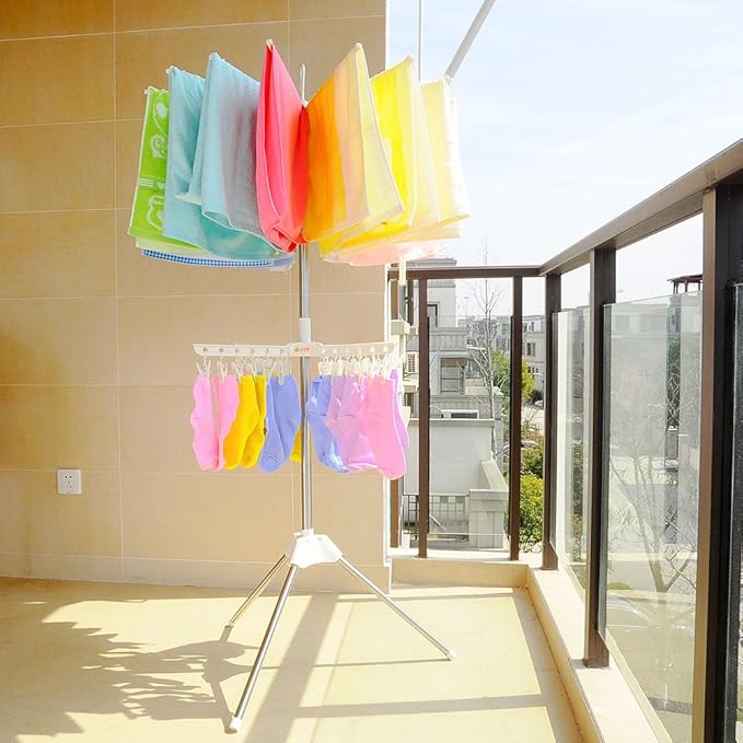 BAOYOUNI Foldable Clothes Drying Rack 2-Tier Indoor Outdoor Space Saving Stand Hanger with 24 Clips and 16 Towels Bars for Baby Clothes, Cloth Diapers, Socks, Bras, Towels, Underwear (Ivory)