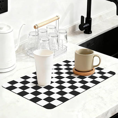 16" x 24" Checkered Dish Drying Mat for Kitchen Counter, Absorbent Coffee Bar Mat for Espresso Machine Coffee Countertops Accessories (Black)