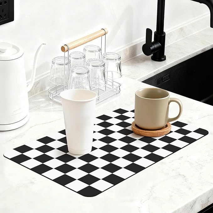 12" x 20" Checkered Dish Drying Mat for Kitchen Counter, Absorbent Coffee Bar Mat for Espresso Machine Coffee Countertops Accessories (Black)