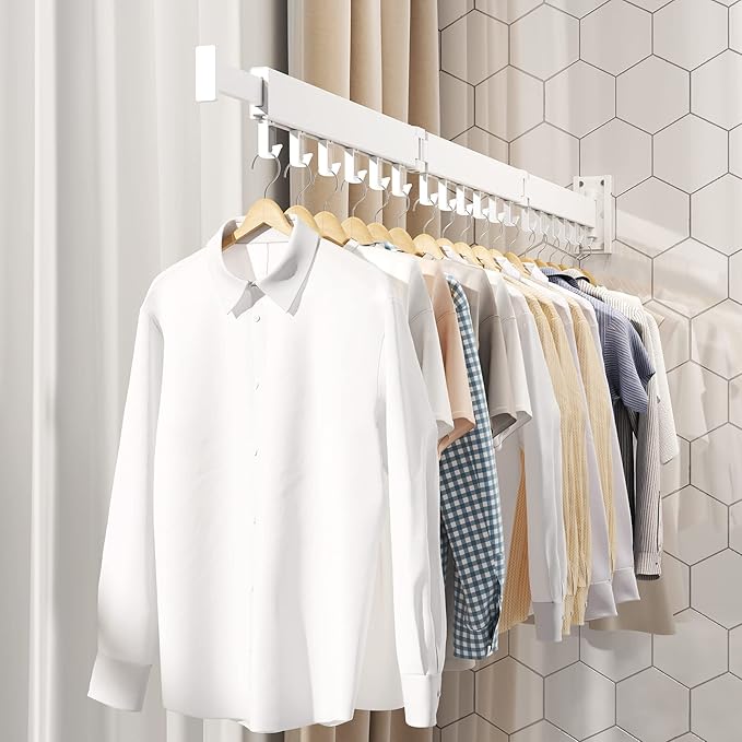 Clothes Drying Rack,Laundry Drying rack,Wall Mounted Clothes Rack,Clothes Hanging Rack,Laundry Rack Wall Mount,Folding Retractable Collapsible Drying Rack Clothing (Three-Poles,J Hooks,White)