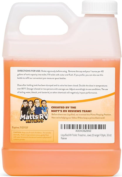 Liquified RV Toilet Treatment - Orange Scent, 32oz Standard Pour Bottle - Holding Tank Waste Digester & Odor Eliminator, Septic Safe, Biodegradable - Made in USA