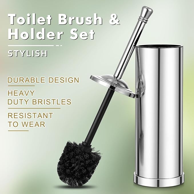 Chrome Toilet Brush and Holder,Toilet Bowl Brush with Long Handle for Bathroom,Toilet Cleaner Brush-Space,Saving,Covered Brush,Durable, Deep,Cleaning,Splash Resistant (Chrome)
