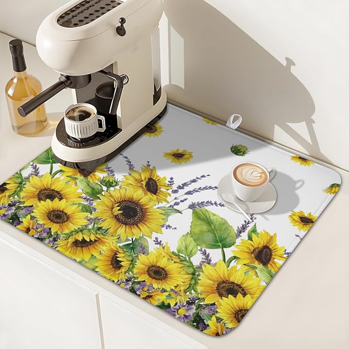 Sunflower Dish Drying Mat for Kitchen Counter 18x16 Inch Floral Lavender Drying Mat with Absorbent Reversible Microfiber Season Spring Summer Dish Drainer Mats Rack Pad for Coffee Countertop Protector