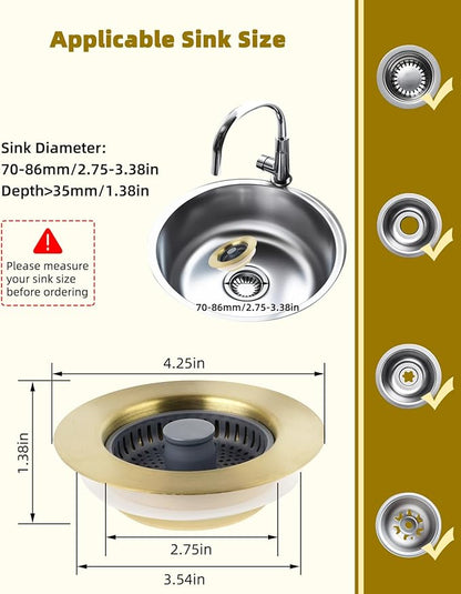 Hygie Rinse 3 in 1 Kitchen Sink Strainer, Pop Up Gold Sink Stopper Drainer with for US Standard 3-1/2 inch Drain Filter, Equiped with Additional 2pcs Strainers, Anti-Clog