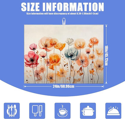 Poppy Dish Drying Mat for Kitchen Counter Wild Flower Drying Pad Absorbent Reversible Dish Drainer Rack Mats Draining Pad 18"x24"Inch