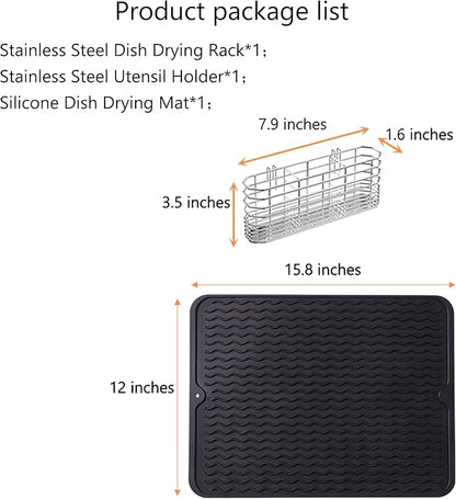 NiuYichee Stainless Steel Dish Drying Rack(15.2"L X 11"W X 5.3"H), Expandable Fruit & Vegetable Drain Rack over Sink, Dish Drainer Rack in Sink, with Stainless Steel Utensil Holder & Silicone Mat(16")
