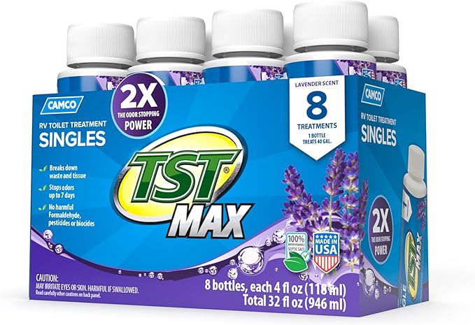Camco TST MAX RV Toilet Treatment - Formaldehyde Free - Breaks Down Waste And Tissue - Septic Tank Safe - Treats up to 8-40 Gallon Holding Tanks -Lavender Scent, (8) 4 oz Bottles (41551)