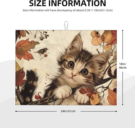 Cute Cat Dish Drying Mats for Kitchen Counter, Absorbent Reversible Microfiber Dish Drying Pad, Multi-Use Large Drying Mat Coffee Bar Accessories 18"x24"