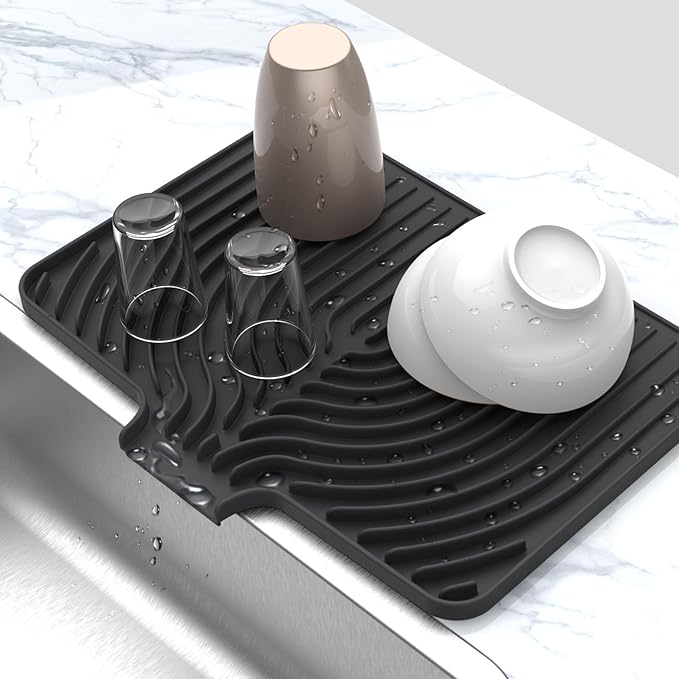 Silicone Drying Mat for Kitchen Counter , Dish Drying Rack Matt with Built in Drain, 18 Inch Dry Mats for Dishes Drying Pad for Kitchen Counter (18×12inch, black)
