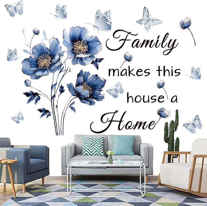 Blue Family Quote Wall Stickers Family Make This House a Home Wall Decals Peel and Stick Vinyl Wall Sticker for Living Room Bedroom Office (Blue-Black)