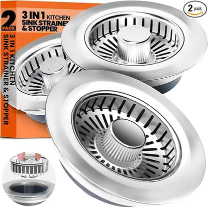 Kitchen Sink Drain Strainer & Sink Stopper, Upgraded 3 in 1 Stainless Steel Drain Plug Combo with Anti-Clog Basket, Pop Up Drain Cover for Standard 3-1/2'', Fits Double Bowl Kitchen Sinks