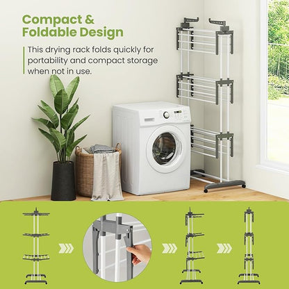 Giantex Foldable Clothes Drying Rack, Oversized 4-Tier Collapsible Laundry Rack w/ 3 Retractable Trays, Hanger Holders, Moveable Laundry Garment Dryer Stand w/Wheels for Indoor Outdoor Use