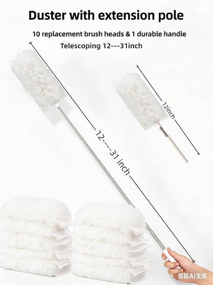 Heavy Duty Duster Refills, Disposable Dusters Kit for Cleaning Dusting Furniture Blind Ceiling Fan, Multi Surface 360 Feather Duster(10)+3FT Extended Handle（1） (White)