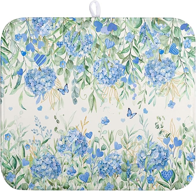 Blue Hydrangea Floral Dish Drying Mat for Kitchen Counter Spring Butterfly Flower Drainer Mat Absorbent Reversible Microfiber Heat Resistant Dry Pad Reusable Washable Dishes Pad 16x18 Inch