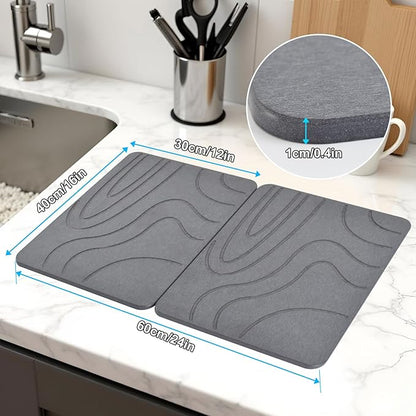 Stone Drying Mat for Kitchen Counter,2 Pack 16''x12'' Quick Dish Drying Stone Mat Kitchen,Double-sided Diatomaceous Earth Stone Drying Mat,No Moisture Residue, Stone Dish Drying Mat (Curved Stripes)