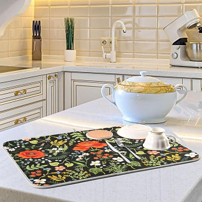Colorful Floral Absorbent Dishes Drainer/Rack Mat for Countertop Small Size 16 x 18, Microfiber Dish Drying Pads Kitchen Counter Draining Pad