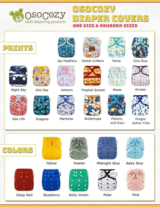 OsoCozy Newborn Reusable Cloth Diaper Covers - Adjustable Snap Fit & Double Leg Gussets for Baby Boys & Girls from 6-12 Pounds. Use with Prefold, Flat or Fitted Cloth Diapers or Snap-in Inserts
