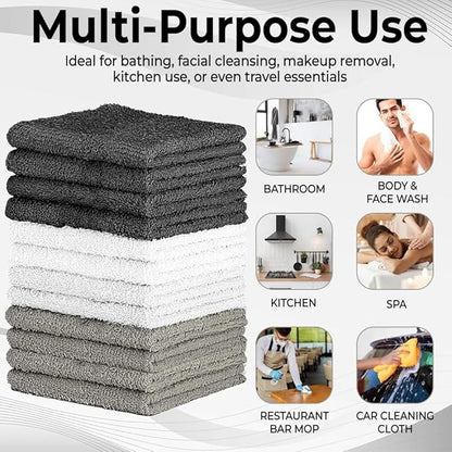 100% Cotton Washcloth Set – Soft, Absorbent Face Towels for Bathroom & Gym Use –Reusable, Durable & Machine Washable - Dark Grey, White & Light Grey, 12x12 Inches, Pack of 12