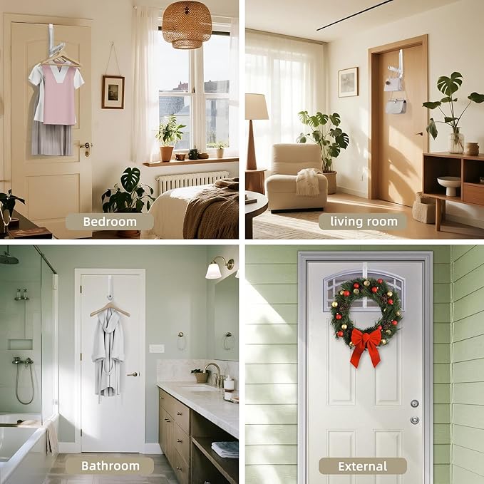 BAKON Over The Door Hangers, Over Door Hooks for Hanging, Small Space Dual Folding Portable Over Door Clothes Hanger for Clothes, Hats, Bags and Towels. (2, White(Update))