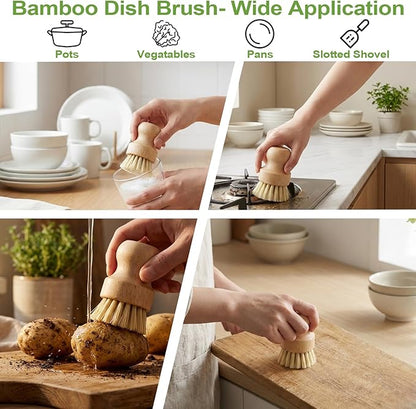 Bamboo Dish Scrub Brushes,Kitchen Wooden Cleaning Scrubbers Set with 100 Kitchen Sink Strainer Mesh Bags, 1 Kitchen Squeegee,4 Pack Round Mini Dish Brush with Ceramic Holder for Kitchen Sink Cleaning