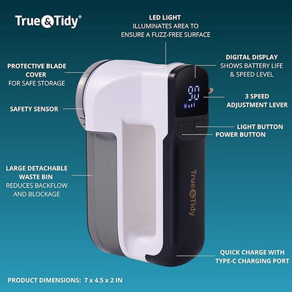 True & Tidy LED Turbo Fabric Shaver | Cordless Lint Remover with Digital Display & 3 Speeds – Perfect for Clothes, Couch & Furniture Defuzzing (White, Turbo)
