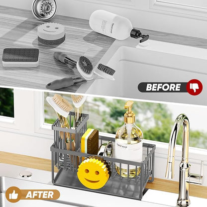 Sponge Holder for Kitchen Sink,Smiley Face Sink Caddy with Removable Brush Holder,Self-Draining Sponge Caddy for Soap,Dish Brush,Scrubber,Kitchen Essentials and Gadgets-Charcoal Gray