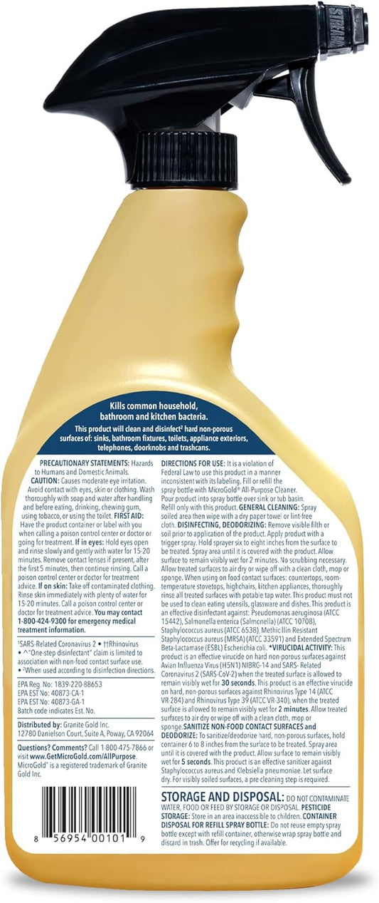 MicroGold All-Purpose Cleaner Spray Kills 99.9% of Bacteria and Viruses Bleach Free for Use in Kitchens and Bathrooms, 24 Fluid Ounces, 2 Pack