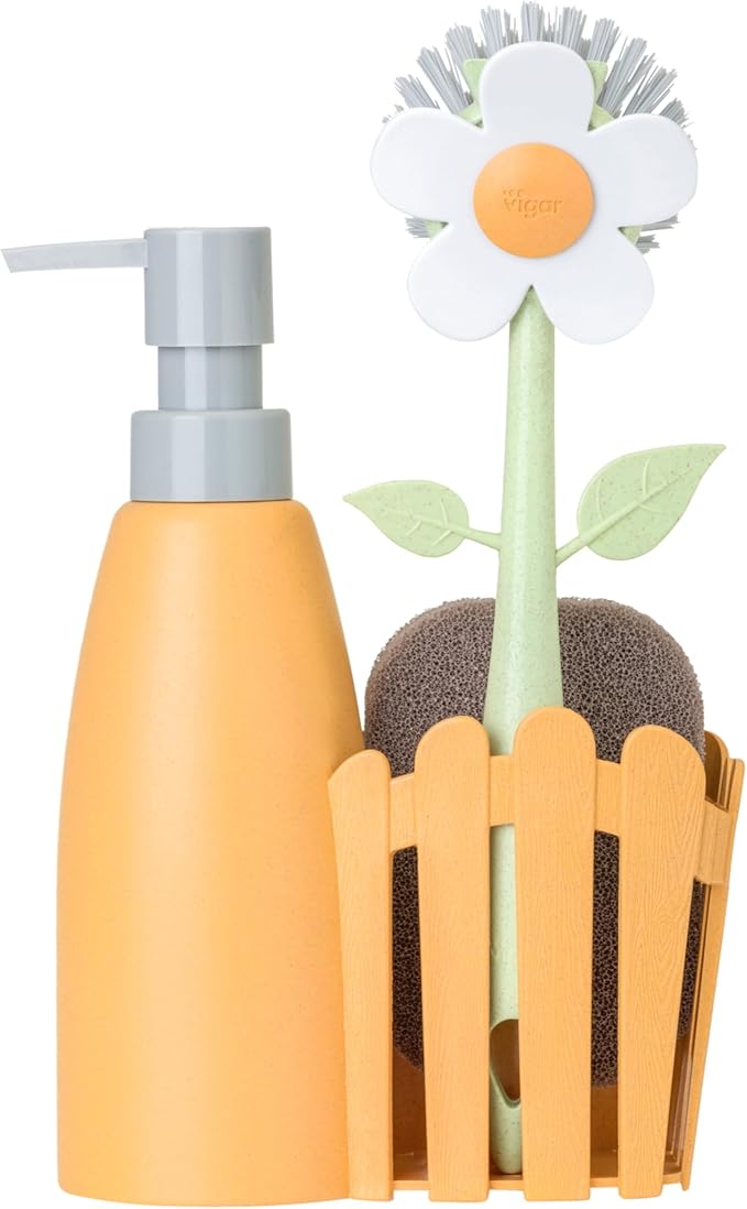 Vigar Florganic Kitchen Soap Dispenser Set, Dish Soap Dispenser with Sponge Caddy and Dish Brush, Daisy-Themed, Perfect Kitchen Sink Caddy, Orange