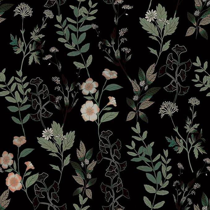 Fvlow Black Green Leaf Wallpaper Peel and Stick Vintage Taupe Green Floarl Contact Paper 17.4" X 118" Moody Wallpaper Waterproof Self-Adhesive Wall Covering for Bedroom Countertop Desk Cabinets Decor